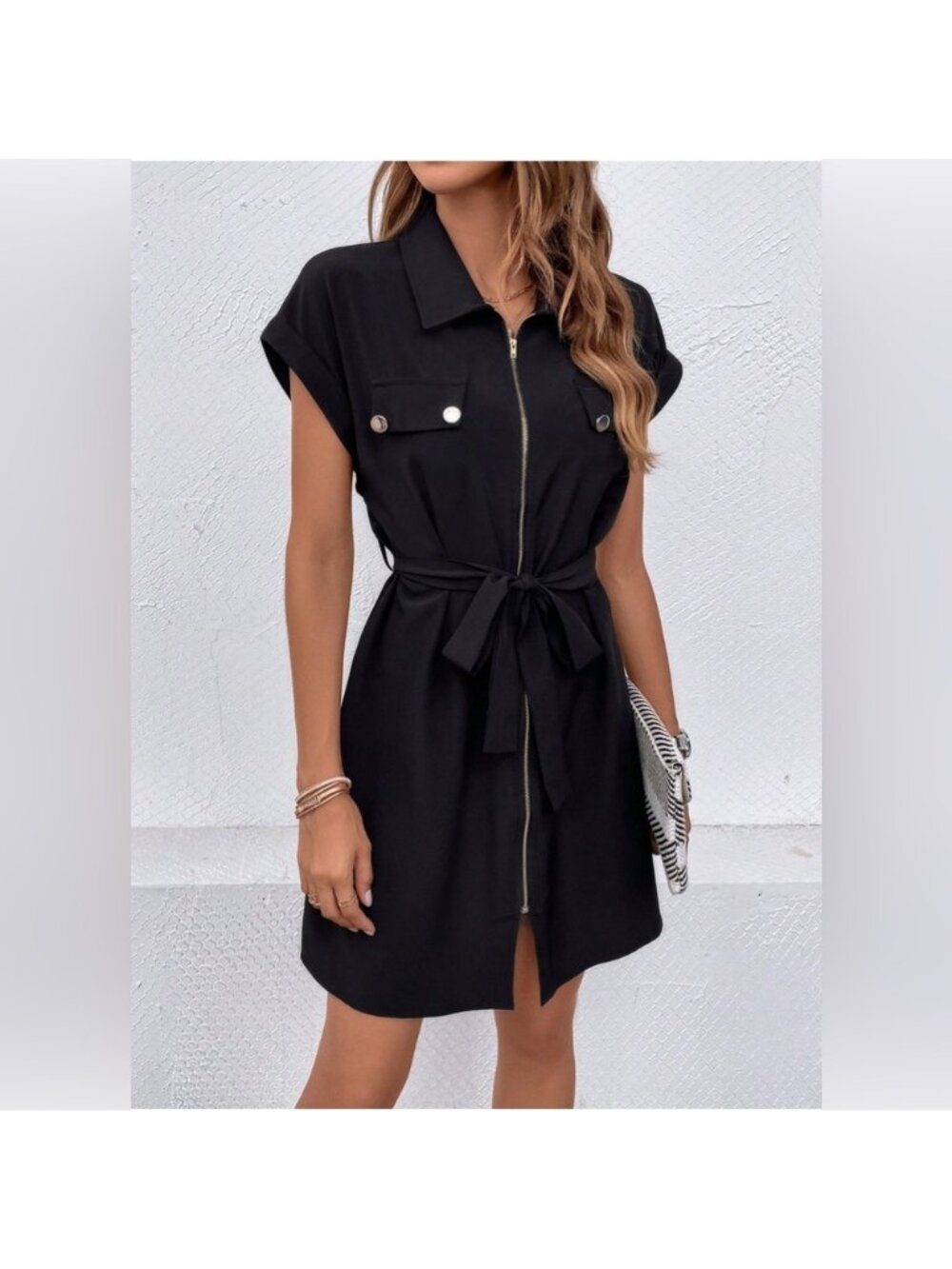 Zip Up Short Sleeve Mini Dress Black